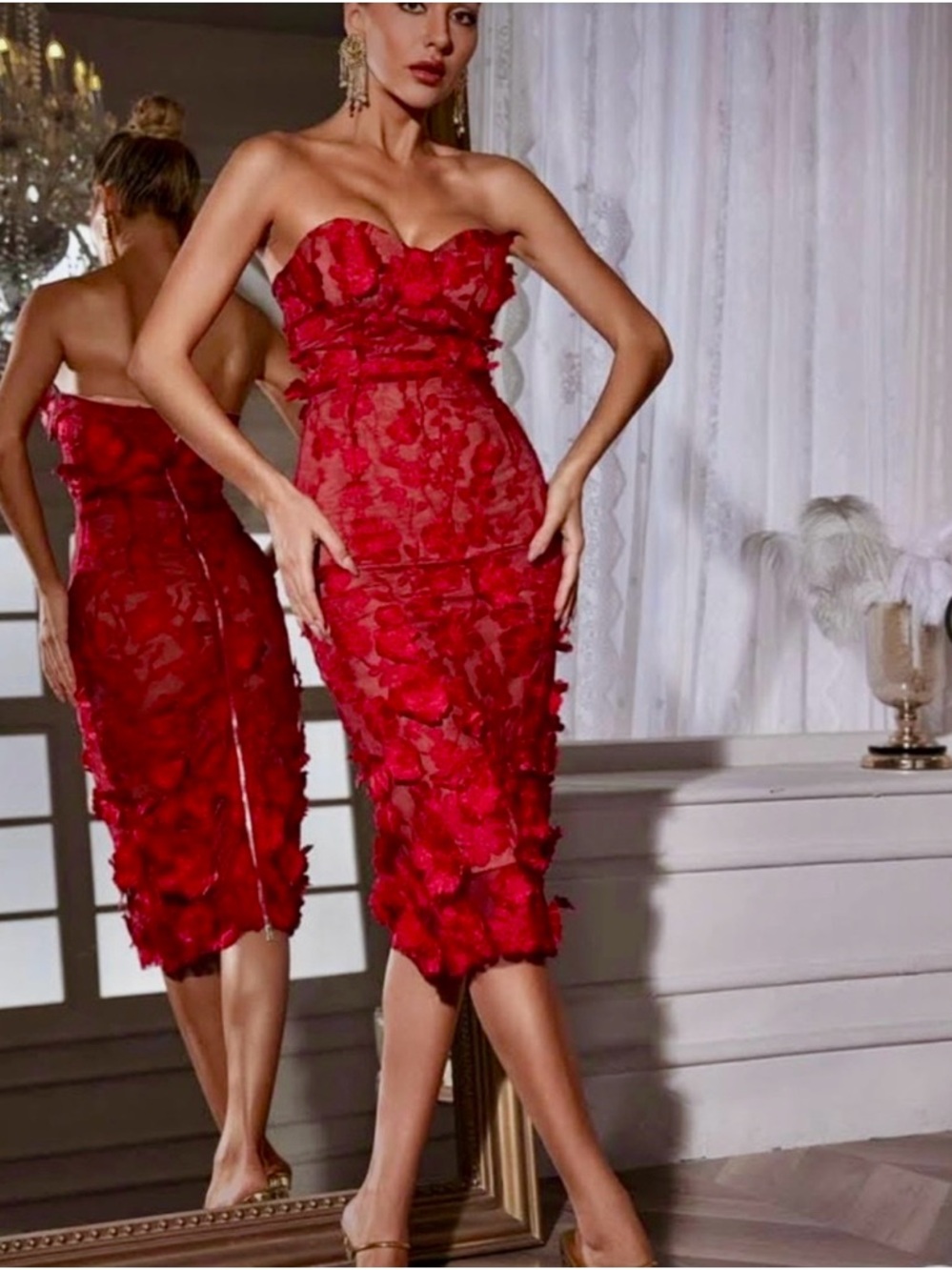 Strapless Red Floral Appliqué Midi Dress